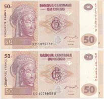 Kongó 2007. 50Fr (2x) Sorszámkövetők "KC 1078957 - KC 1078958" T:UNC  Congo 2007. 50 Francs (2x) Consecutive Serials "KC - Non Classés