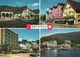 BRUNNEN, MULTIPLE VIEWS, INGENBOHL, SCHWYZ, ARCHITECTURE, CARS, SHIP, EMBLEM, SWITZERLAND, POSTCARD - Ingenbohl