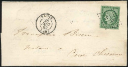 Obl. 2 - 15c. Vert Obl. Losange ''DS2'' S/lettre Frappée Du CàD De BLOIS Du 28 Janvier 1852 à Destination De COUR-CHEVER - 1849-1850 Cérès