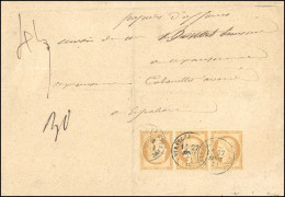 Obl. 36b - Bande De 3 Avec Tête-Bêche Du 10c. Bistre-jaune Obl. S/enveloppe De Papier D'affaires Frappée Du CàD De ENTRA - 1870 Siège De Paris