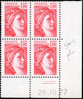 ** 1972a - 1F. Type Sabine Rouge. Bloc De 4. Coin De Feuille Daté Du 28.10.77. Sans Bande Phosphore. SUP. - Other & Unclassified