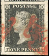 Obl. SG#1 - 1 Penny Black. Small Crown. Imperf. Lettered T-L. Used. Cancelled By A Red Maltese Cross. Superb Four Margin - Other & Unclassified