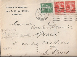 France Yvert 138p O Semeuse Camée Piquage à Cheval Bordeaux Flier BOR 204 - Lettres & Documents