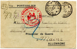 POSTES MILITAIRES BELGIQUE 4 ET 6 SUR CARTE EN FRANCHISE POUR LE LIEUTENANT KEUCKER  DE WATLET PRISONNIER A MAYENCE - Army: Belgium