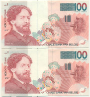 Belgique Belgie : 100 Francs - Ensor - 2 Biljetten Met Opeenvolgend Nummer RRR -  Niet Geplooid !!! Pas Plié !!! - 100 Francs