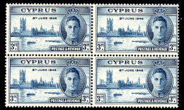 CYPRUS - 1946 VICTORY 3d IN BLOCK OF 4 FINE MNH ** SG 164 X 4 - Cyprus (...-1960)