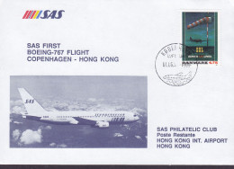 Denmark SAS First Boeing-767 Flight COPENHAGEN-HONG KONG 1991 Cover Brief Lettre DDL Danish Airlines Poster Stamp - Brieven En Documenten