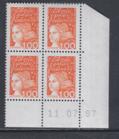 France N° 3089 XX  Luquet 1 F. Orange En Bloc De 4 Coin Daté Du 11 . 07 . 97 ; Gomme Légèrement Altérée Sinon TB - 1990-1999