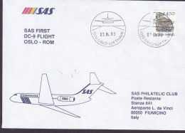 Norway SAS First DC-9 Flight OSLO-ROMe, OSLO 1993 Cover Brief Lettre Aeroporto Leonardo Da Vinci Beaver Stamp - Briefe U. Dokumente