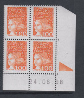 France N° 3089 XX  Luquet 1 F. Orange En Bloc De 4 Coin Daté Du 24 . 06 . 98 ; 1 Triangle  Gomme Légèr. Altérée Sinon TB - 1990-1999