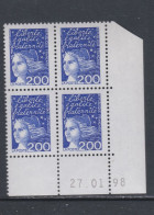France N° 3090 XX  Luquet 2 F. Bleu En Bloc De 4 Coin Daté Du 27 . 01 . 97 ;  Sans Charnière , TB - 1990-1999