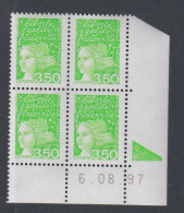 France N° 3092 XX  Luquet 3 F. 50 Vert-jaune En Bloc De 4 Coin Daté Du 6 . 08 . 97 ; 1 Triangle, Sans Charnière , TB - 1990-1999