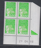France N° 3092 XX  Luquet 3 F. 50 Vert-jaune En Bloc De 4 Coin Daté Du 29 . 04 . 98 ; 1 Triangle, Sans Charnière , TB - 1990-1999