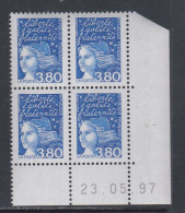 France N° 3093 XX  Luquet 3 F. 80 Bleu En Bloc De 4 Coin Daté Du 23 . 05 . 97 ;  Sans Charnière , TB - 1990-1999
