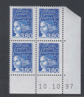France N° 3093 XX  Luquet 3 F. 80 Bleu En Bloc De 4 Coin Daté Du 10 . 10 . 97 ;  Sans Charnière , TB - 1990-1999