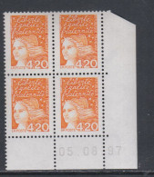 France N° 3094 XX  Luquet 4 F. 20 Orange En Bloc De 4 Coin Daté Du 05. 08 . 97 ;  Gomme Légèrement Altérée Sinon TB - 1990-1999
