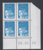 France N° 3095 XX  Luquet 4 F. 40 Bleu En Bloc De 4 Coin Daté Du 08. 01 . 98 ;gomme Légèrement Altérée Sinon TB - 1990-1999