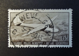 België - Belgique - 1951 - Luchtpost - PA 28 - Sepia 6 F - Zweefvliegtuig - Obl/Gestemp.  Wevelgem - Usati