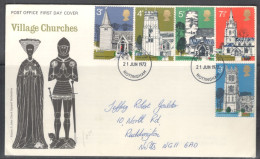 United Kingdom Of Great Britain.  FDC Sc. 671-675. British Architecture, Village Churches  FDC Cancellation On FDC Envel - 1971-1980 Em. Décimales