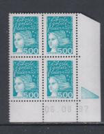 France N° 3097 XX  Luquet 5 F. Bleu-vert En Bloc De 4 Coin Daté Du 26. 08 . 97 ; 1 Triangle Gomme Légè. Altérée Sinon TB - 1990-1999