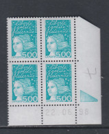 France N° 3097 XX  Luquet 5 F. Bleu-vert En Bloc De 4 Coin Daté Du 22. 06 . 98 ; 1 Triangle Gomme Légè. Altérée Sinon TB - 1990-1999