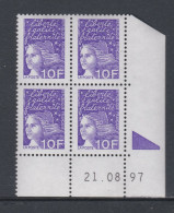 France N° 3099 XX  Luquet 10 F. Violet En Bloc De 4 Coin Daté Du 21. 08 . 97 ; 1 Triangle Gomme Légè. Altérée Sinon TB - 1990-1999