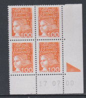 France N° 3089 XX  Luquet 1 F. 00 Orange En Bloc De 4 Coin Daté Du 17. 07 . 00 ; 1 Triangle Sans Charnière, TB - 1990-1999