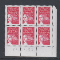 France N° 3417 XX Marianne Luquet TVP Rouge RF En Bloc De 6 Coin Daté Du 24 . 07 . 01 ; Gomme Légèrement Altérée TB - 1990-1999