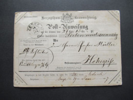 1867 AD Braunschweig Post Anweisung über 27 Thaler Schwarzer K2 Zorge Nach Hohegeiß Mit Blauem Ank. Stempel - Braunschweig