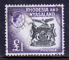 RHODESIA & NYASALAND — SCOTT 171 — 1959 £1 COAT OF ARMS — USED — SCV $67 - Rhodésie & Nyasaland (1954-1963)