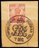 1911. INDIA. Georg V 3 Sa INDIA POSTAGE On Small Piece With Beautiful Special Cancel CORONATION  DURBAR 7 ... - JF544383 - 1911-35 Roi Georges V