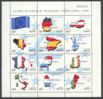 Spain, 1999, Introduction Of The Euro, Maps, Flags, MNH Sheetlet, Michel 3466-3477 - Neufs