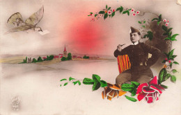 FANTAISIE - Homme - Soldat Attendant Une Lettre - Pigeon - Fleurs - Carte Postale Ancienne - Männer