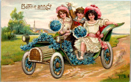 Bonne Année - Enfants Dans Une Voiture - Carte Gaufrée - Valentine's Day