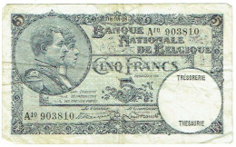 Billet. Belgique. Cinq (5) Francs. 08.08.1928. - 5 Francos