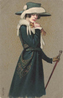 N°24758 - Illustrateur - E. Colombo - Jeune Femme Portant Un Chapeau Avec De La Fourrure, Et Tenant Une Canne - Colombo, E.