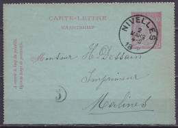 EP Carte-lettre 10c Rose (N°46) Càd NIVELLES /2 MARS 1888 Pour MALINES (au Dos: Càd MALINES) - Cartes-lettres