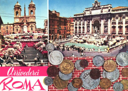 ROME, LAZIO, MULTIPLE VIEWS, CHURCH, ARCHITECTURE, FOUNTAIN, COINS, STATUE, ITALY, POSTCARD - Fontana Di Trevi