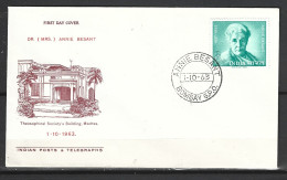 INDE. N°163 Sur Enveloppe 1er Jour (FDC) De 1963. Féministe Annie Besant. - FDC