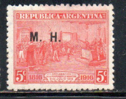 ARGENTINA 1915 1916 OFFICIAL DEPARTMENT STAMP OVERPRINTED M.H. MINISTRY OF FINANCE MH 5c MH - Dienstmarken