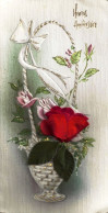 *CPSM Double 1979 - Heureux Anniversaire - Bouquet Fleurs Dans Corbeille - Rose Et Feuille En Tissus - Geburtstag