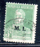 ARGENTINA 1923 1931 OFFICIAL DEPARTMENT STAMP OVERPRINTED M.I. MINISTRY OF INTERIOR MI 3c USED USADO - Officials