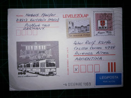 HONGRIE, Entier Postal Avec Illustration D'un Train électrique. Distribué à Buenos Aires, Argentine En 1989 - Postal Stationery