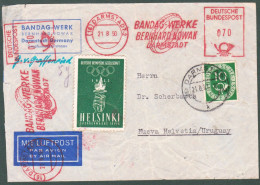 1950 Germany Cover To Nueva Helvetia/Uruguay Meter "bandag Werke" Vehicles Wheels - Label Olympic Games Helsinki 1952 - Zomer 1952: Helsinki