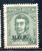 ARGENTINA 1935 1937 OFFICIAL DEPARTMENT STAMP OVERPRINTED M.O.P. MINISTRY OF PUBLIC WORKS MOP 3c USED USADO - Dienstzegels
