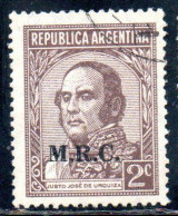 ARGENTINA 1935 1937 OFFICIAL DEPARTMENT STAMP OVERPRINTED M.R.C. MINISTRY OF FOREIGN AFFAIRS RELIGION MRC 2c USED USADO - Dienstmarken