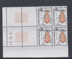 France Timbres-Taxe N° 105 XX Insectes : 50 C. Coléoptère, En Bloc De 4 Coin Daté Du 9 . 12 . 81 ; 1 Trait, Ss Ch. TB - Postage Due