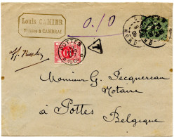 BELGIQUE - COB TAXE 5 SIMPLE CERCLE RELAIS POTTES SUR LETTRE DE CAMBRAI INSUFFISAMENT AFFRANCHIE, 1905 - Lettres & Documents