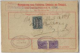 Brazil 1918 Money Order Sent To Bahia Vale Postal Stamp 100$000 100,000 Réis + 2 Definitive 500 Réis - Lettres & Documents