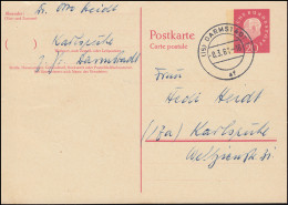 Postkarte P 44 Heuss Mit Beidruck 4x22 Mm, DARMSTADT 8.3.61 Nach Karlsruhe - Postcards - Mint
